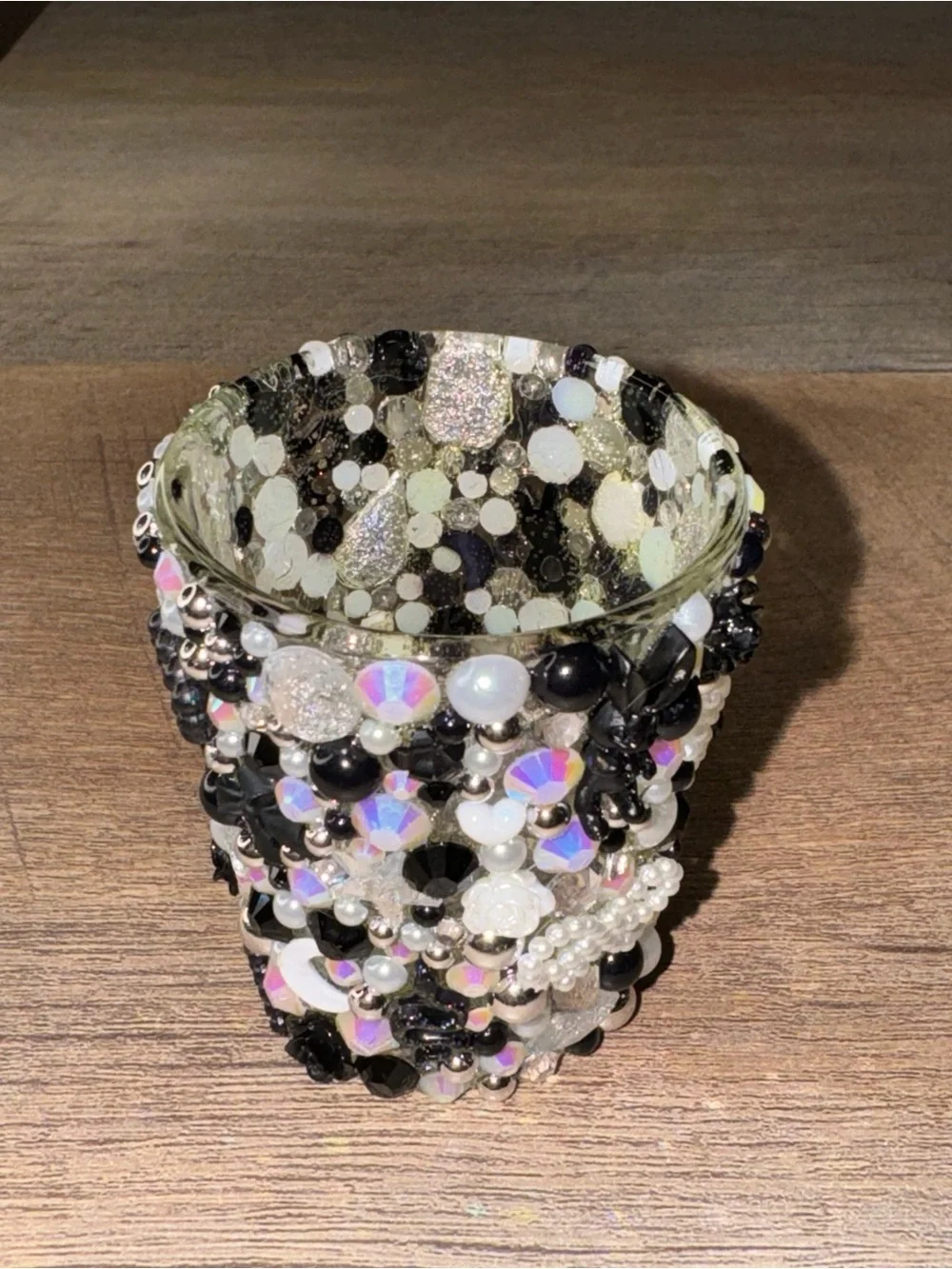 Handcrafted Black, White, Silver Bedazzled Shot Glass